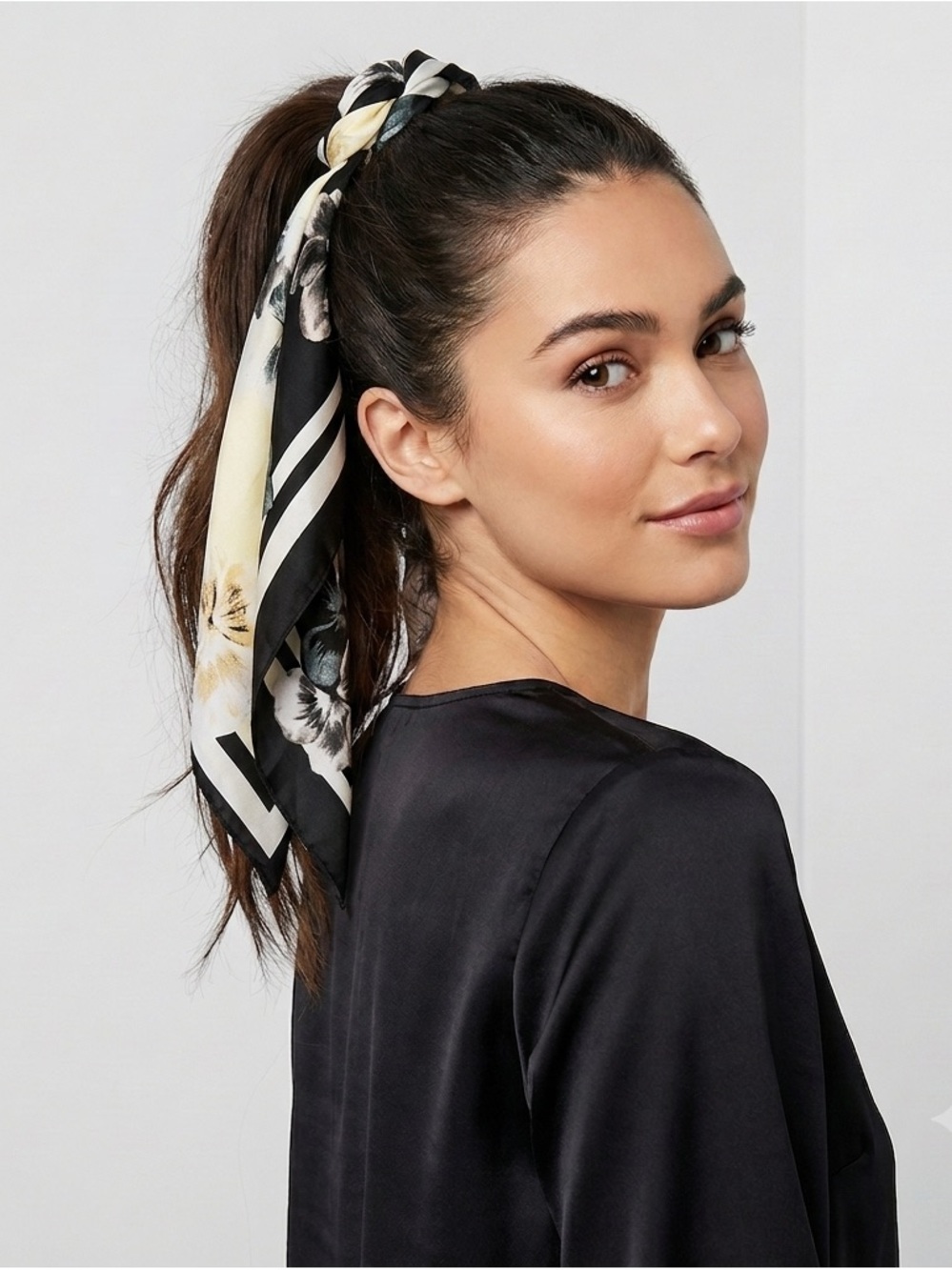 NWT Berry Floral Ponytail Scarf Scrunchie Black Ivory Satin Hair Tie Ribbon